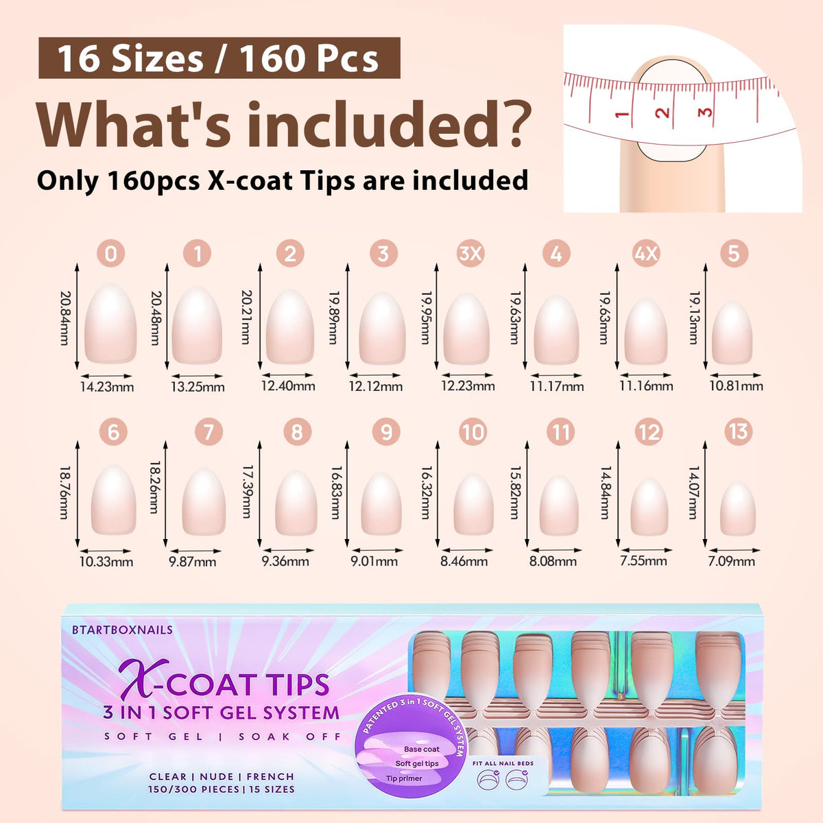 BTArtboxnails size chart layout showing 16 sizes for precise fit benefit