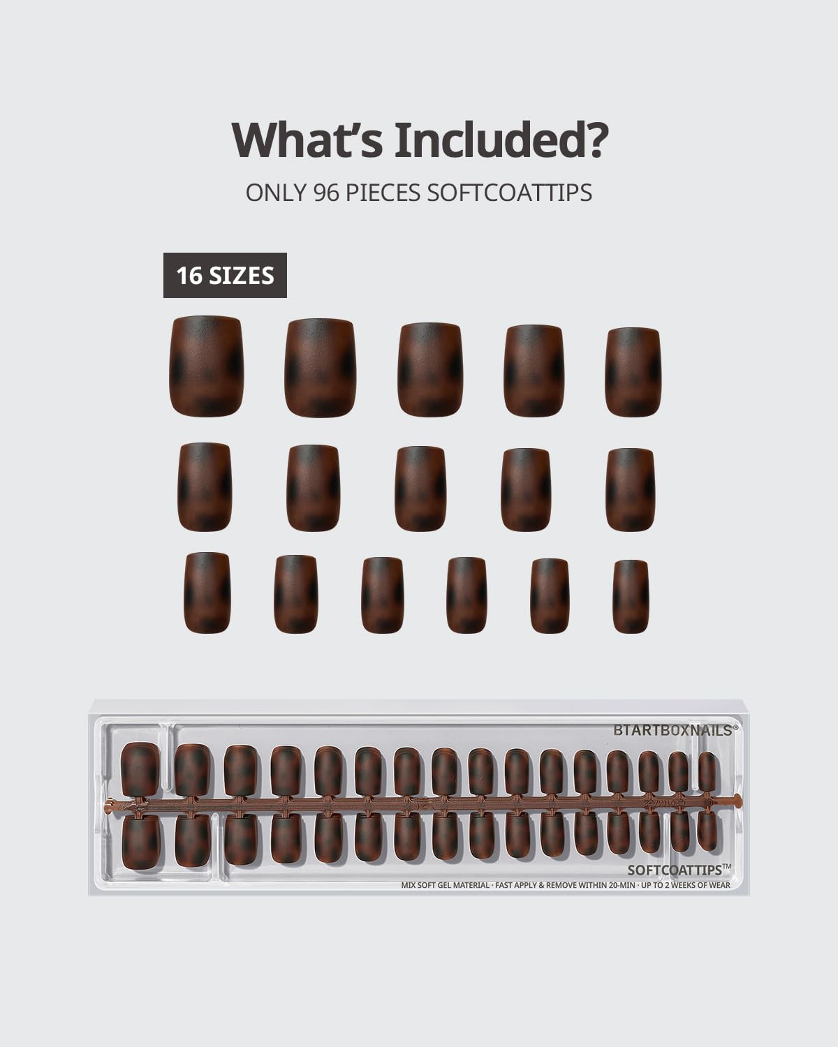 BTArtboxnails kit contents spread displaying 16 sizes and 96 pieces benefit perfect sizing