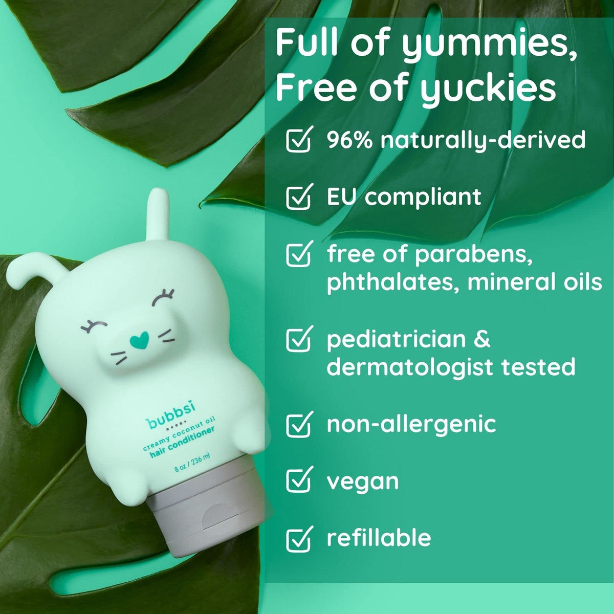 Organic coconut and shea butter ingredients beside Bubbsi bottle emphasizing natural moisturizers