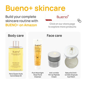 Bueno+ bottle staged in bathroom, presents daily self-care lifestyle benefit