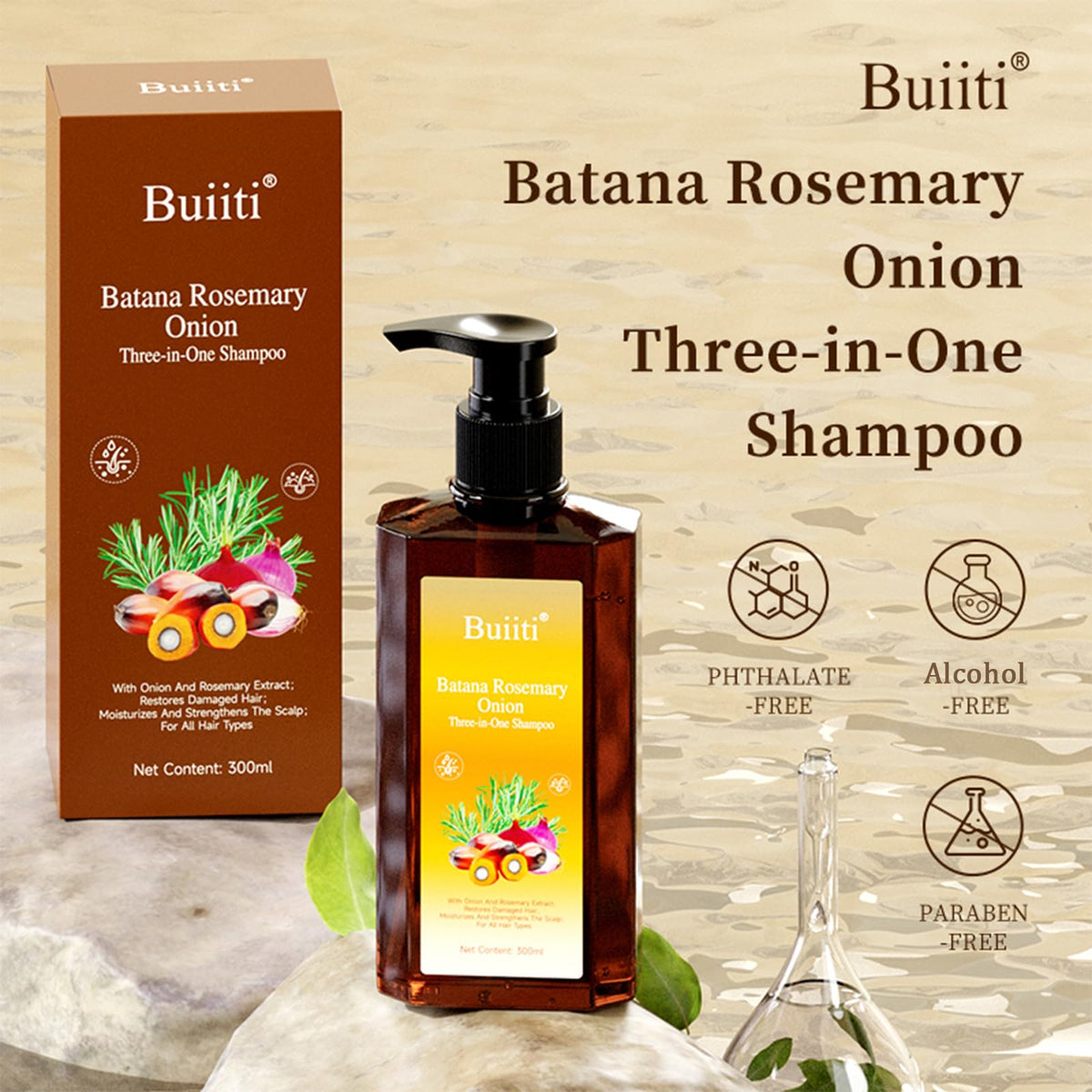 Buiiti bottle staged with rosemary and onion to show botanical ingredient benefits
