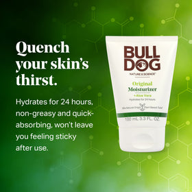Bulldog being applied to a man's cheek showing quick absorption and non-greasy feel