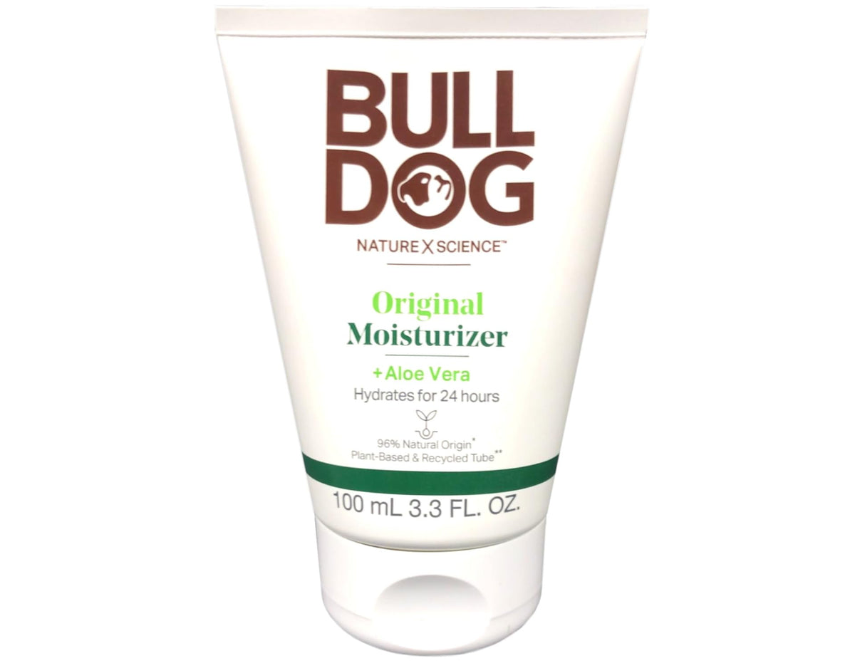 Bulldog Skincare pump dispensing moisturizer, showing smooth texture for fast absorption