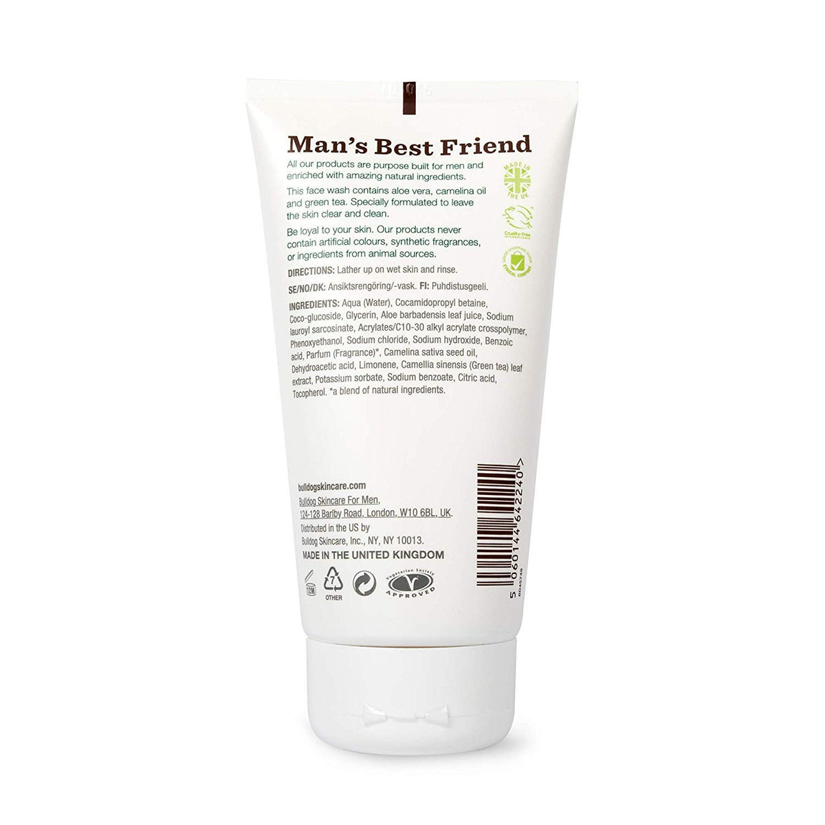 Bulldog product label listing aloe vera, camelina oil and green tea for soothing benefits
