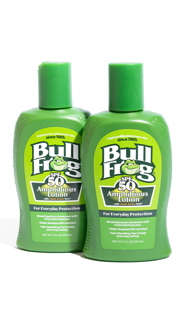 Bullfrog front packaging showing SPF 50 and two-bottle pack for reliable protection