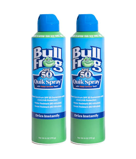 Bullfrog front packaging showing SPF 50 protection and two-pack convenience