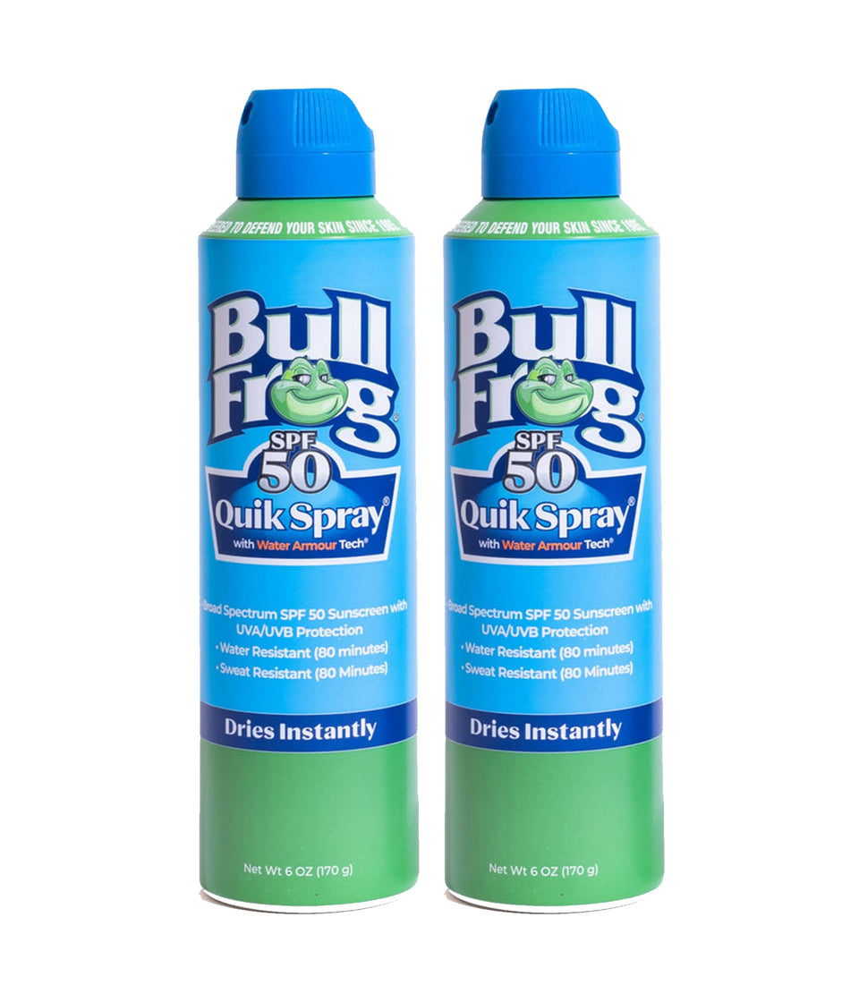 Bullfrog front packaging showing SPF 50 protection and two-pack convenience