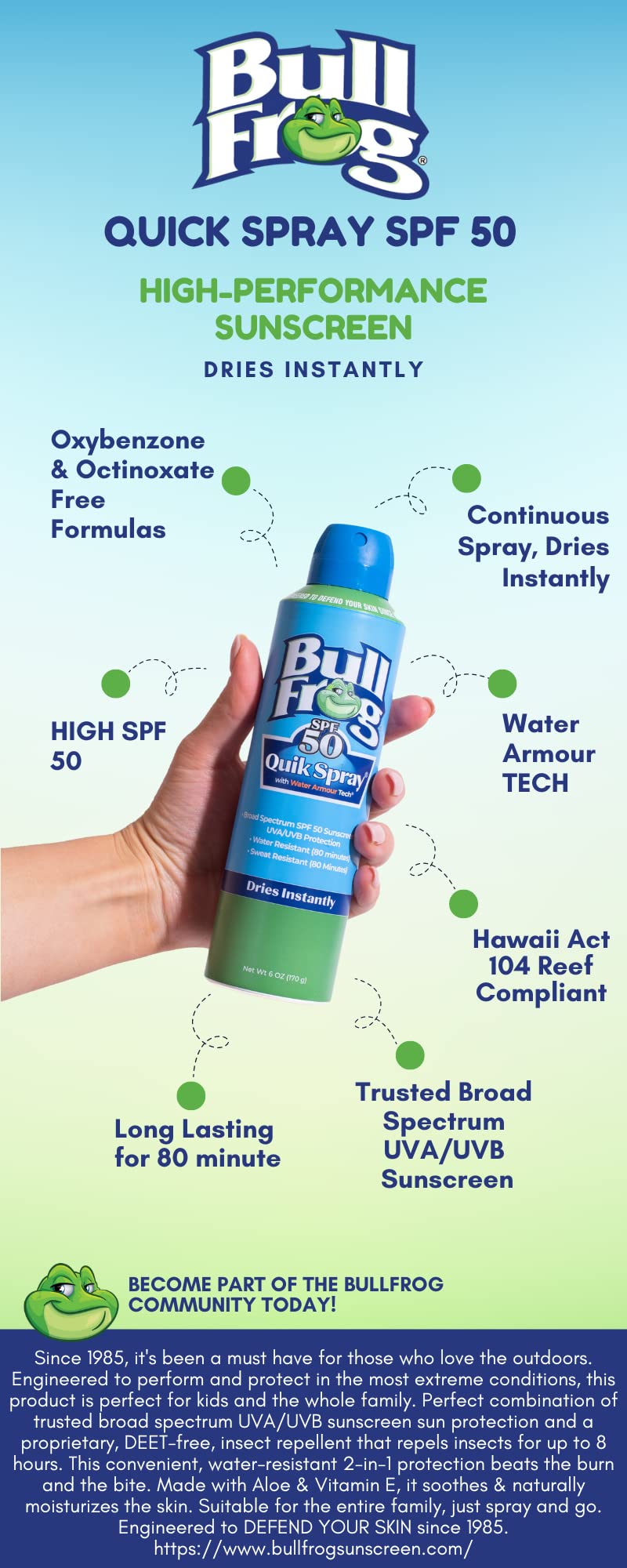Bullfrog label close-up highlighting oxybenzone-free reef-friendly benefits