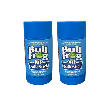 Bullfrog Quik Stick front packaging showing SPF 50 and two-pack convenience for protection