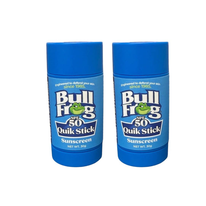 Bullfrog Quik Stick front packaging showing SPF 50 and two-pack convenience for protection
