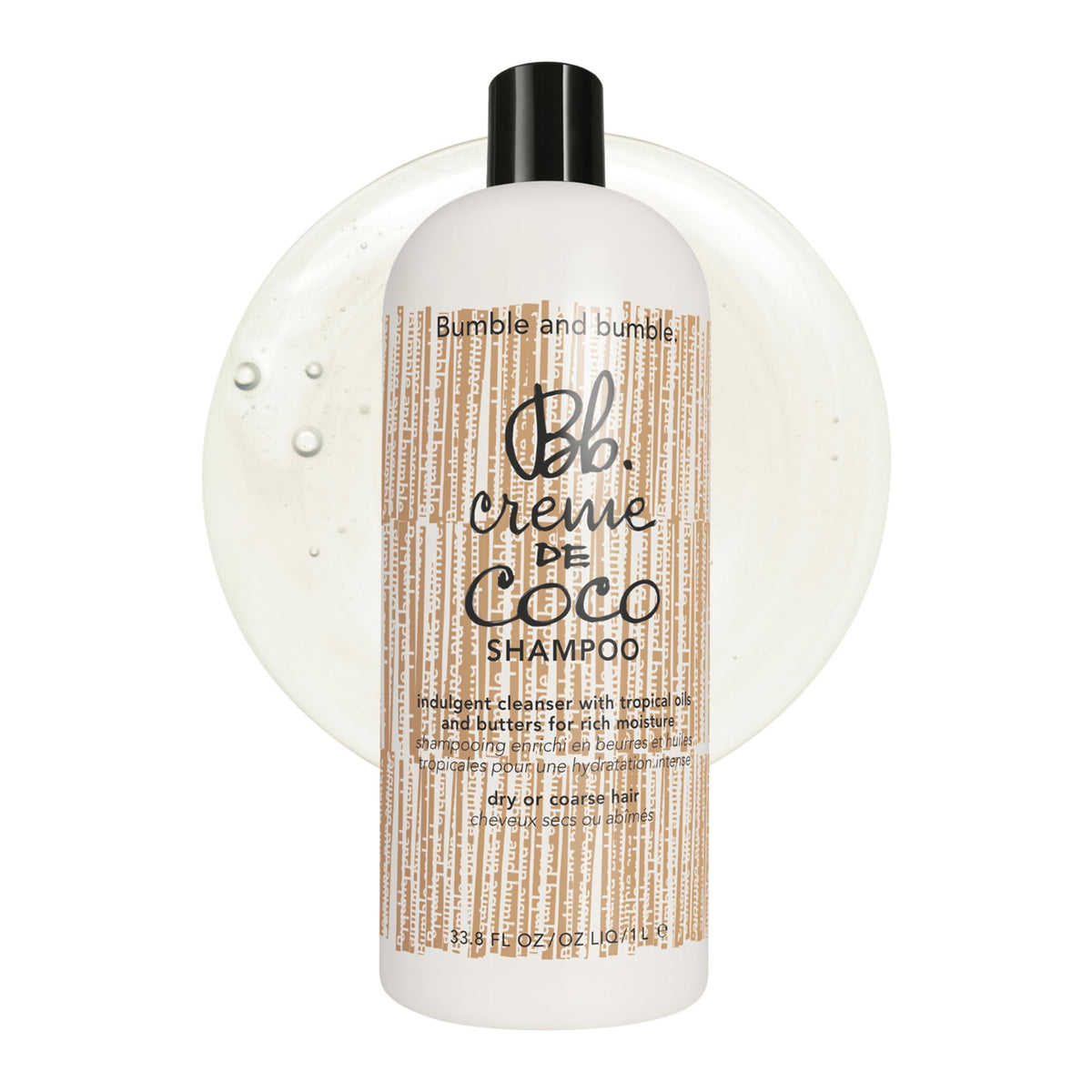Bumble and bumble front packaging shows bottle and branding, highlights moisturizing benefits