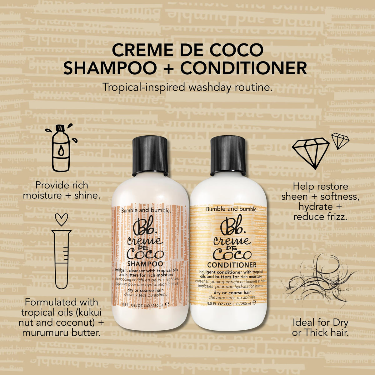 Bumble and bumble ingredient shot with coconut and murumuru butter showing nourishing blend
