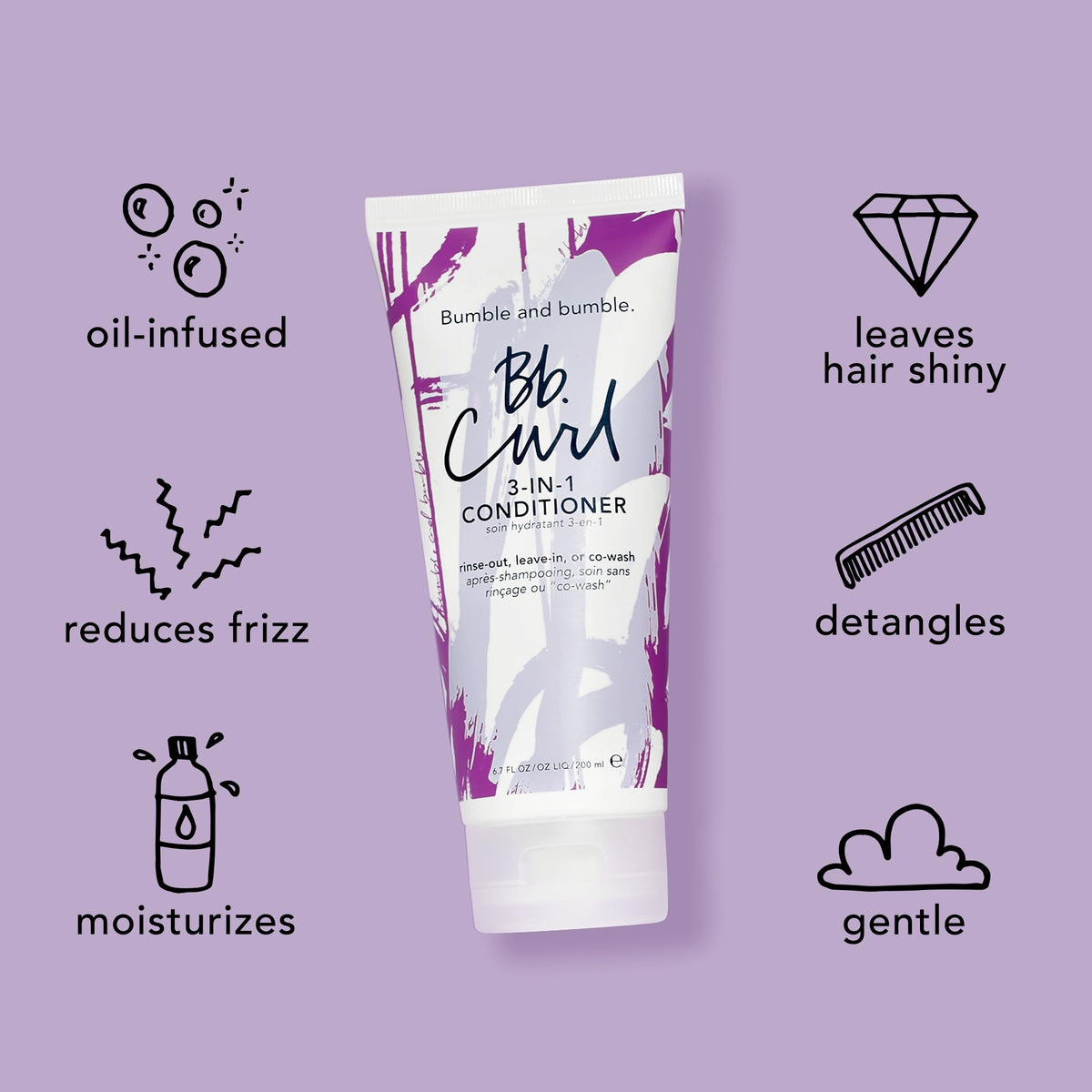 Bumble and bumble conditioner being worked into curly hair showing frizz reduction benefit