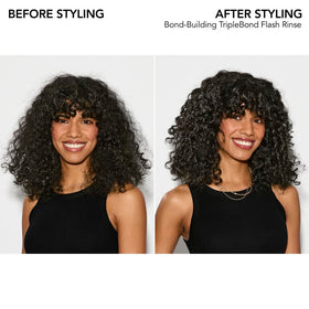 Bumble and bumble before-and-after curly hair comparison demonstrating improved definition and reduced frizz