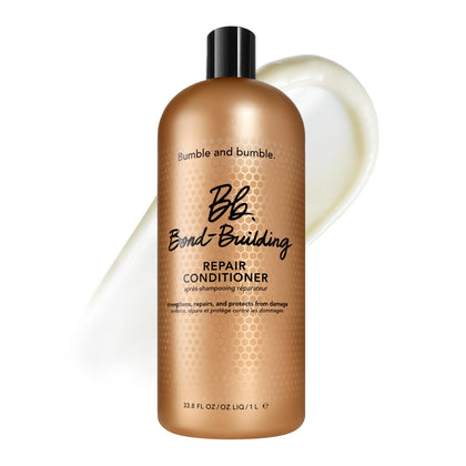 Bumble and bumble front bottle shot showing repair conditioner and size benefit