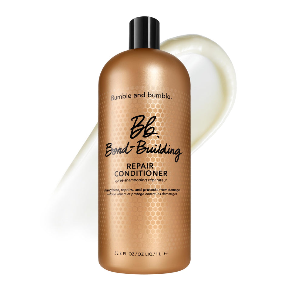 Bumble and bumble front bottle shot showing repair conditioner and size benefit