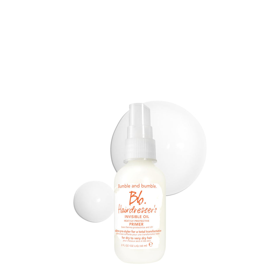 Bumble and bumble front packaging showing compact travel bottle and benefits