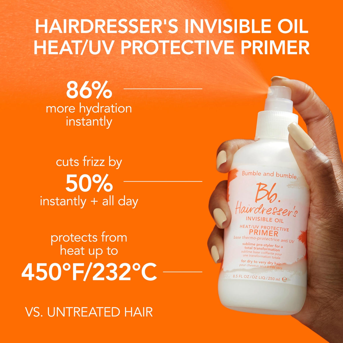 Bumble and bumble primer spray in hand demonstrating heat/UV protection and lightweight finish