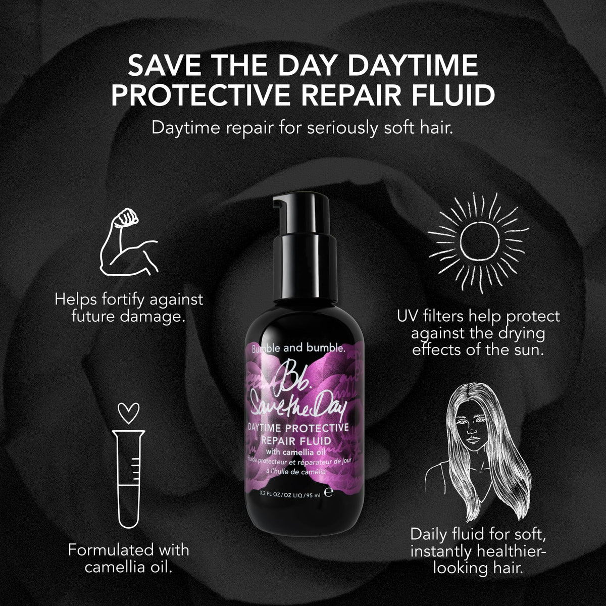 Bumble and bumble product in hair showing smoother strands and visible frizz reduction