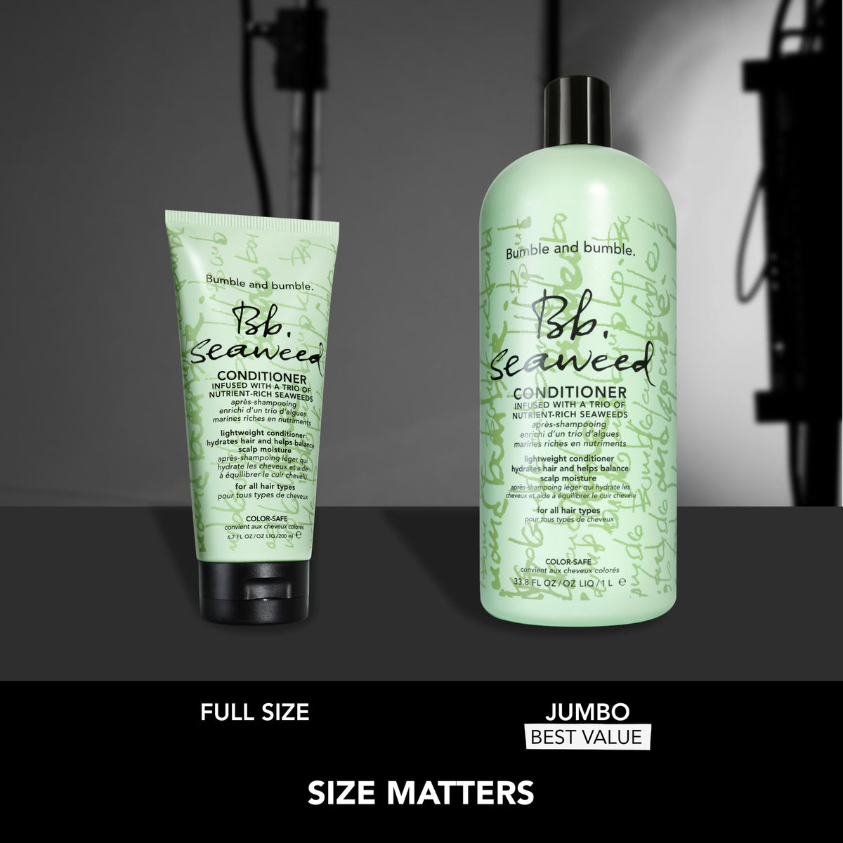Bumble and bumble liter bottle on salon shelf, ideal for professional back-bar