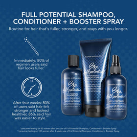 Bumble and bumble bottle beside hand showing 6.7 oz size and portability benefit