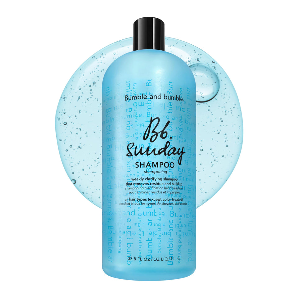 Bumble and bumble front bottle view showing clear liter packaging and label benefit