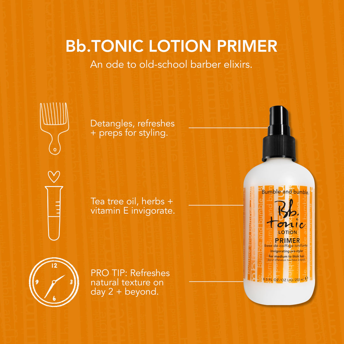 bumble and bumble spray droplet on hair texture illustrating added slip for detangling