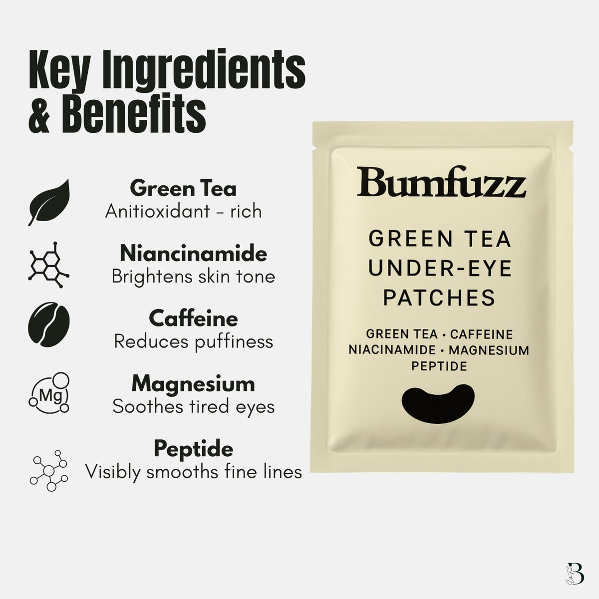 Bumfuzz patch application under eye demonstrating de-puffing effect