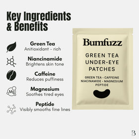 Bumfuzz patch application under eye demonstrating de-puffing effect