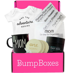 Bump Boxes front packaging showing curated postpartum gift contents and presentation