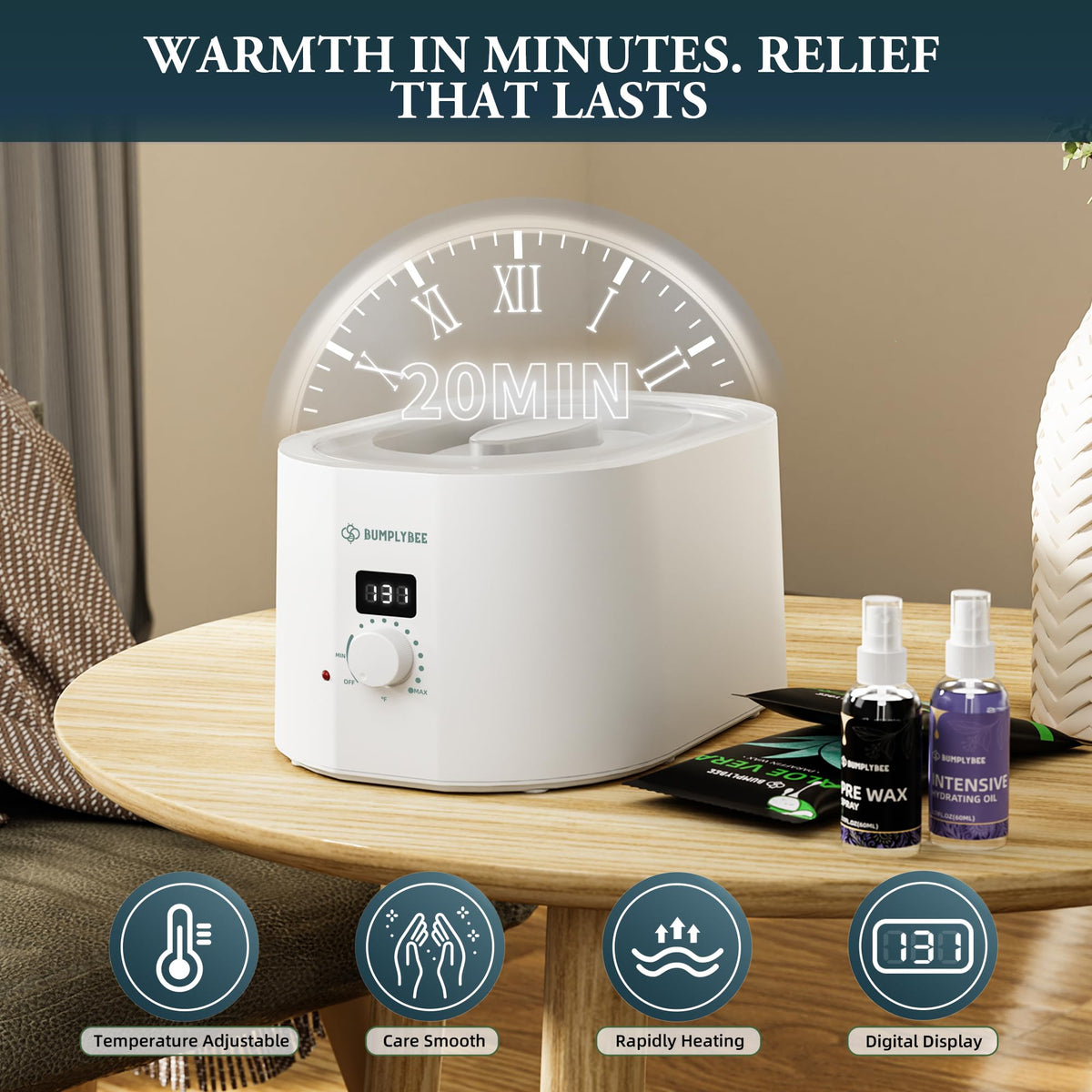 BUMPLYBEE hand immersed in wax demonstrating comforting warm treatment benefit