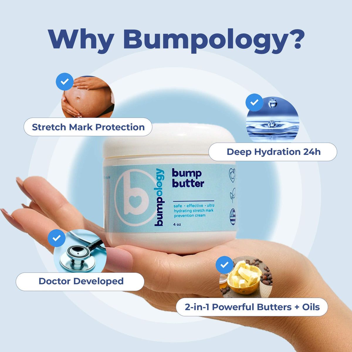 Bumpology on bathroom shelf in lifestyle shot promoting daily use
