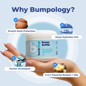 Bumpology on bathroom shelf in lifestyle shot promoting daily use