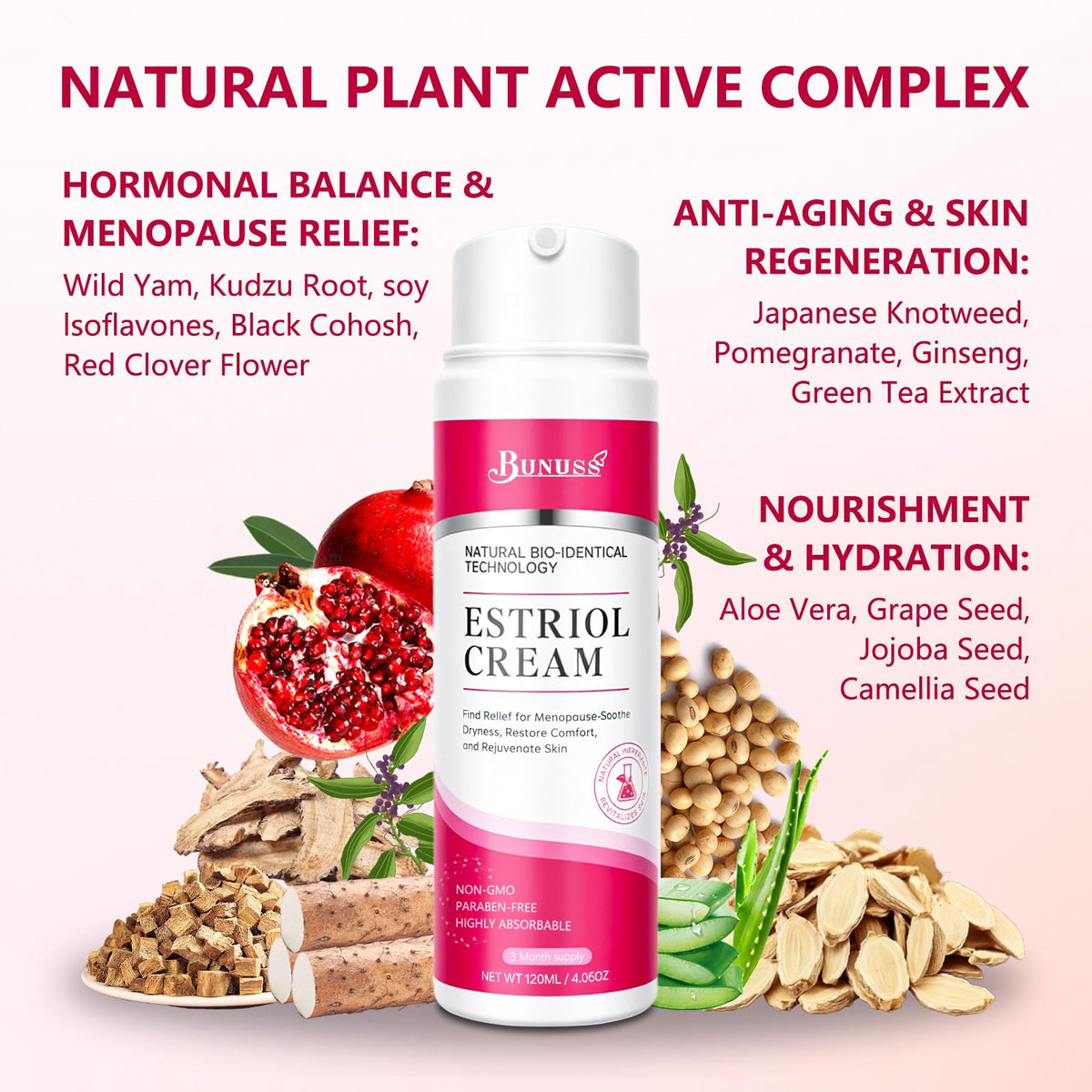BUNUSS jar beside wild yam and red clover, plant-based ingredient focus
