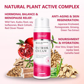 BUNUSS jar beside wild yam and red clover, plant-based ingredient focus
