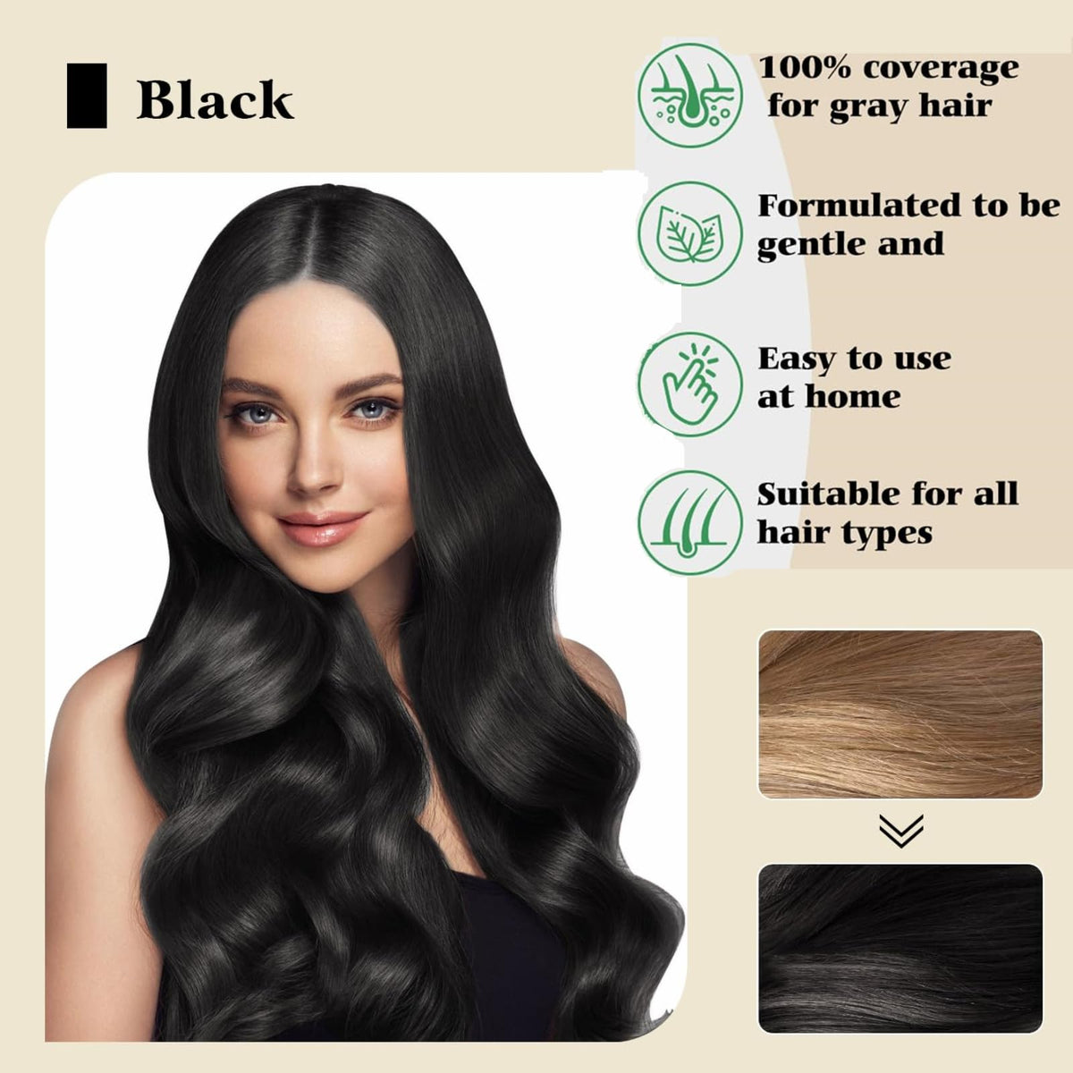 Bupposes before and after hair sample showing visible gray coverage and natural look