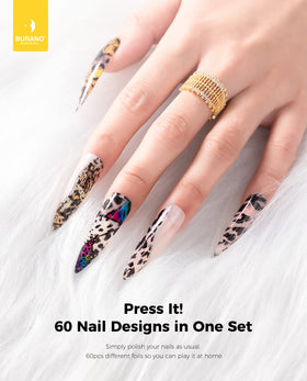 BURANO 60 foil sheets spread displaying variety for diverse nail designs