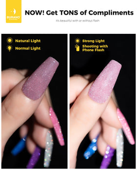 BURANO cured nail under LED lamp showing intense shine and durable finish