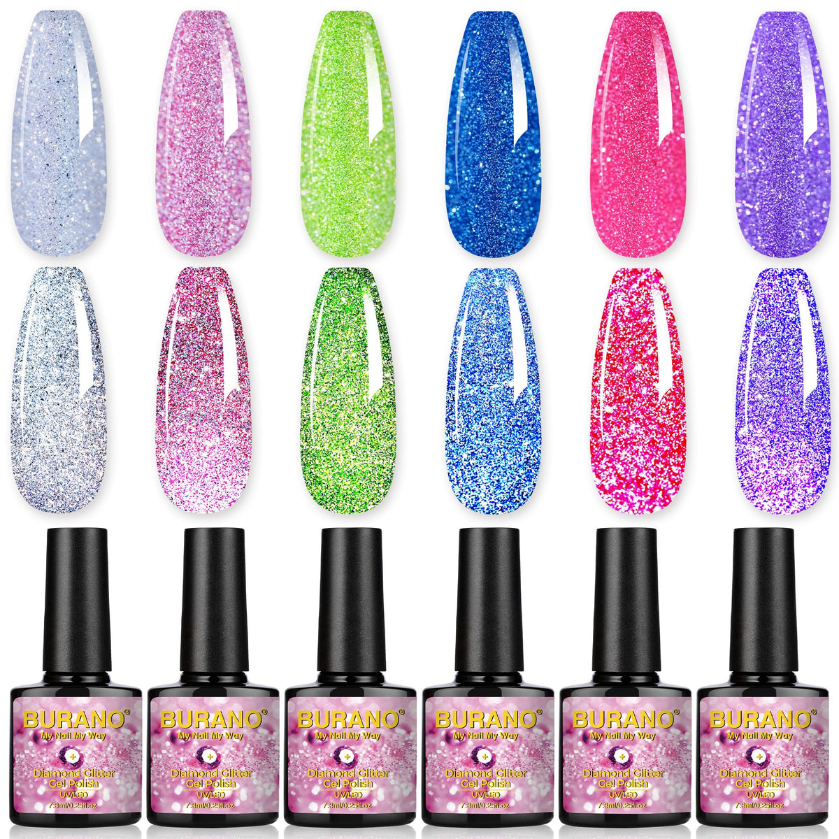 BURANO purple reflective swatch showing deep violet holographic glitter for rich color depth
