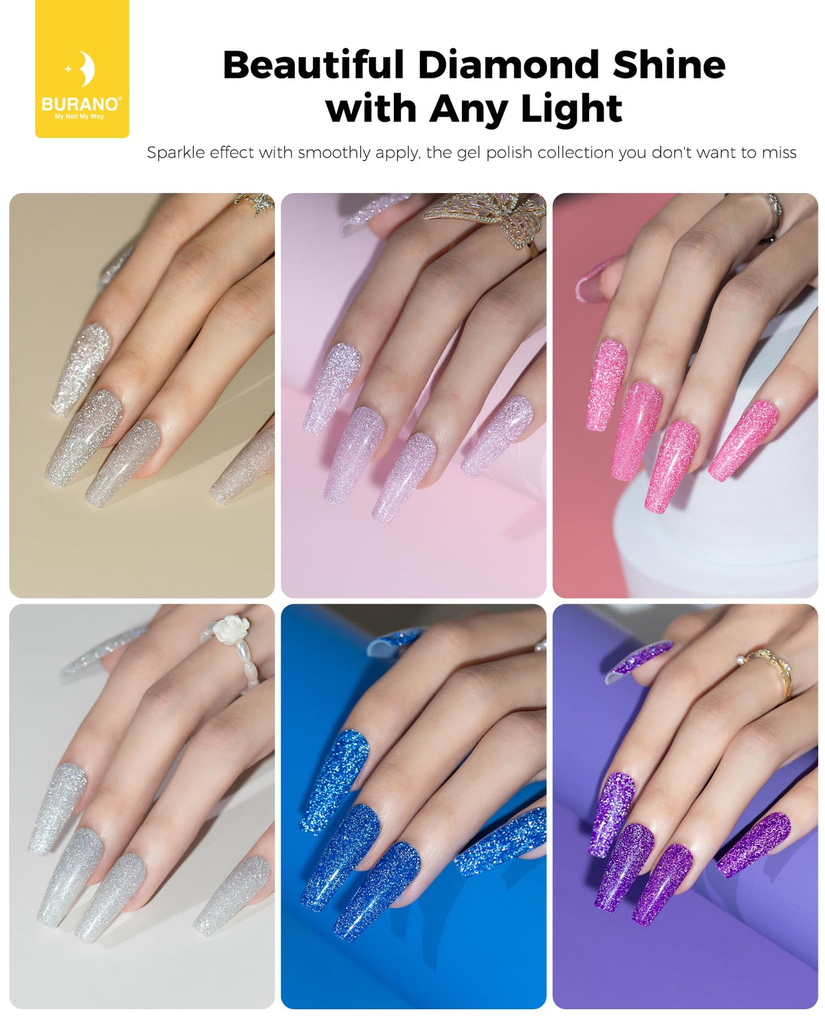 BURANO swatch strip of rose, blue, purple and silver reflective gels vibrant finish