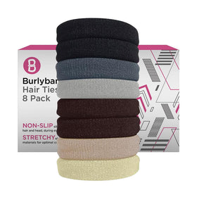 Burlybands front packaging showing multi-color large hair ties and benefits