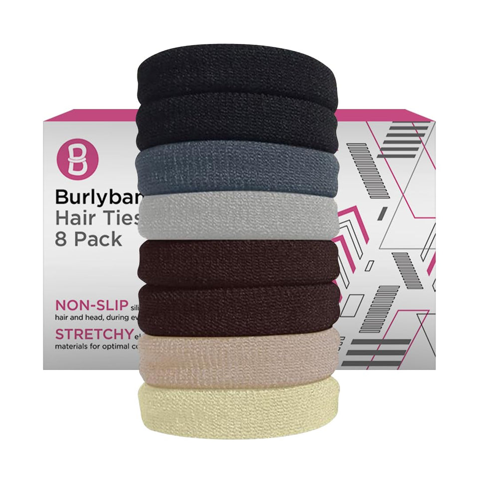 Burlybands front packaging showing multi-color large hair ties and benefits