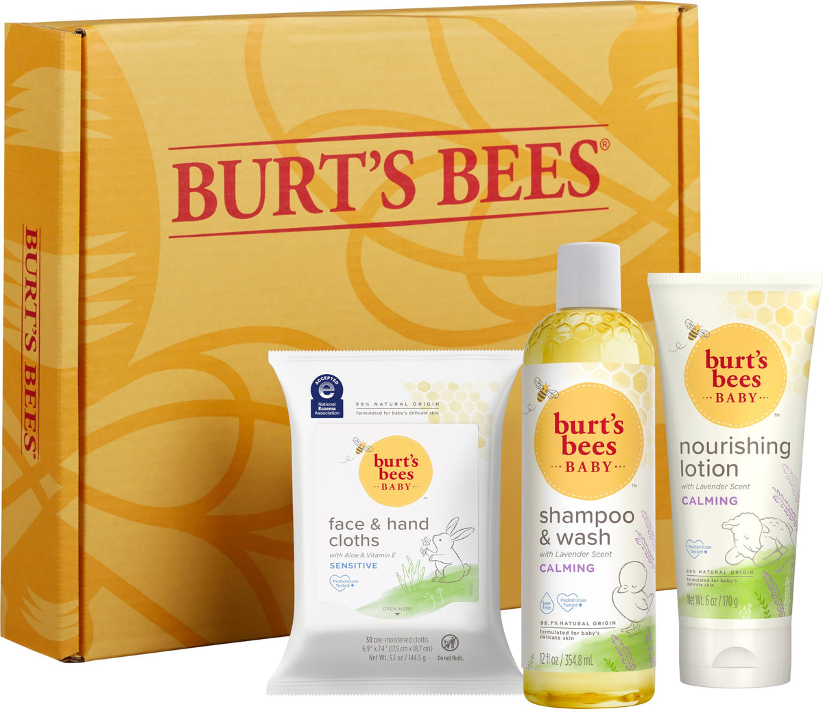 Burt's Bees baby products neatly arranged in a gift basket for gifting ease