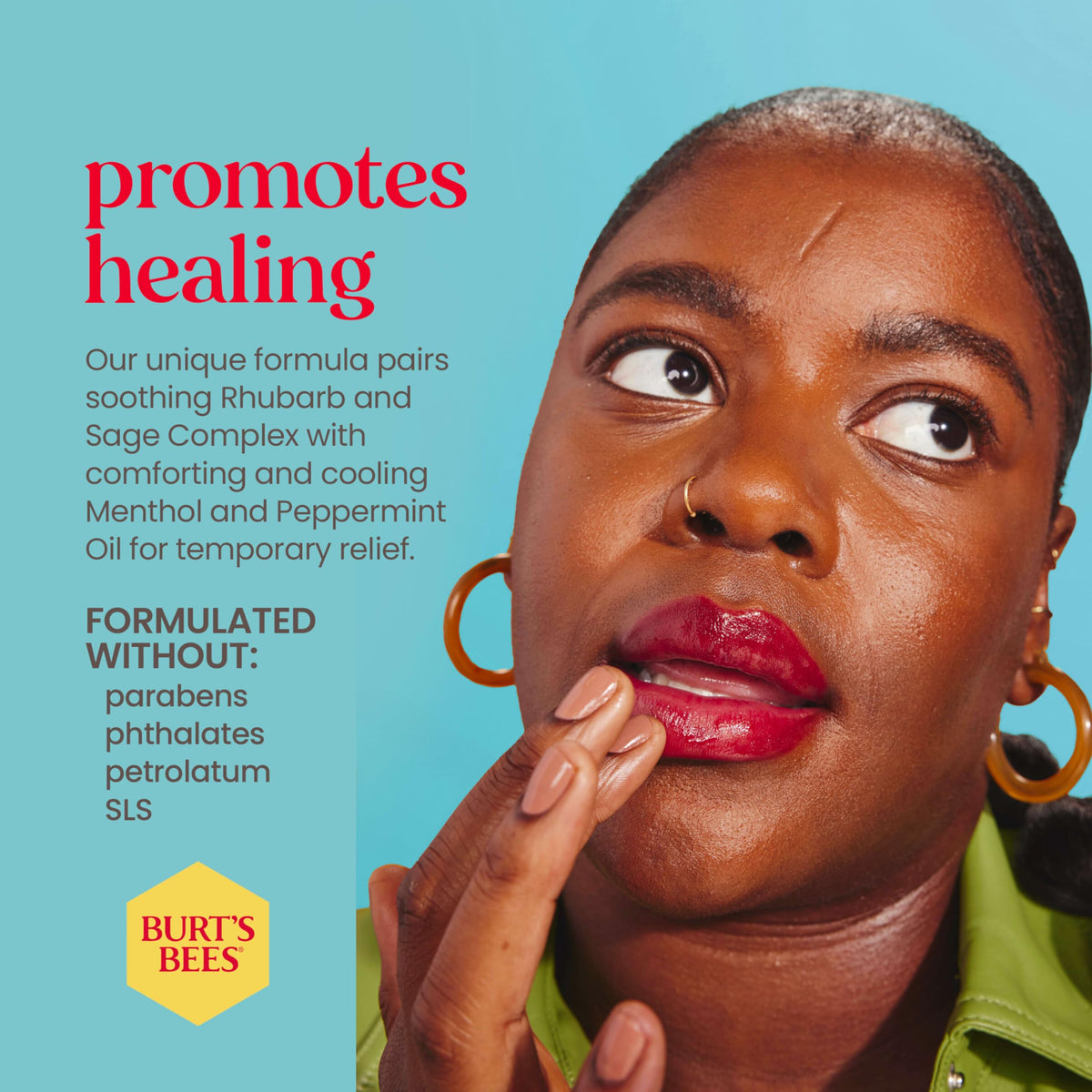 Burt's Bees balm applied on lip demonstrating quick soothing and hydration