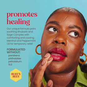 Burt's Bees balm applied on lip demonstrating quick soothing and hydration