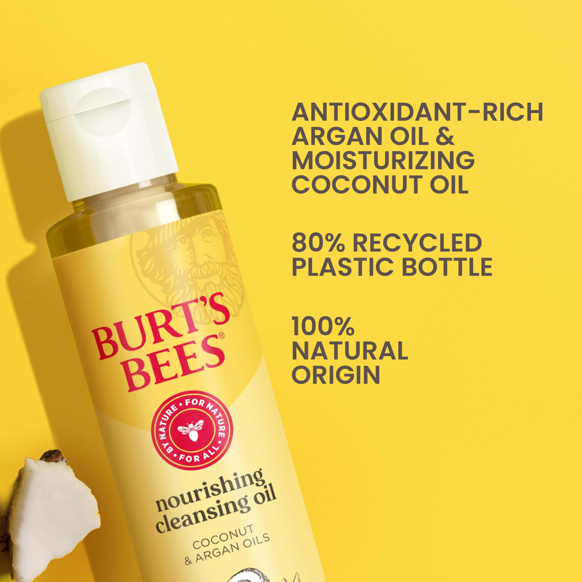 Burt's Bees bottle with coconut and argan visuals illustrating nourishing botanical oils