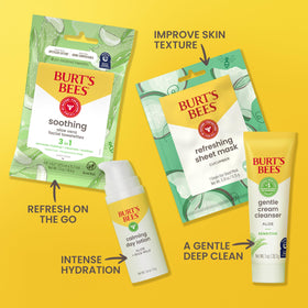 Burt's Bees calming day lotion bottle label visible to show natural-origin ingredients and soothing hydration