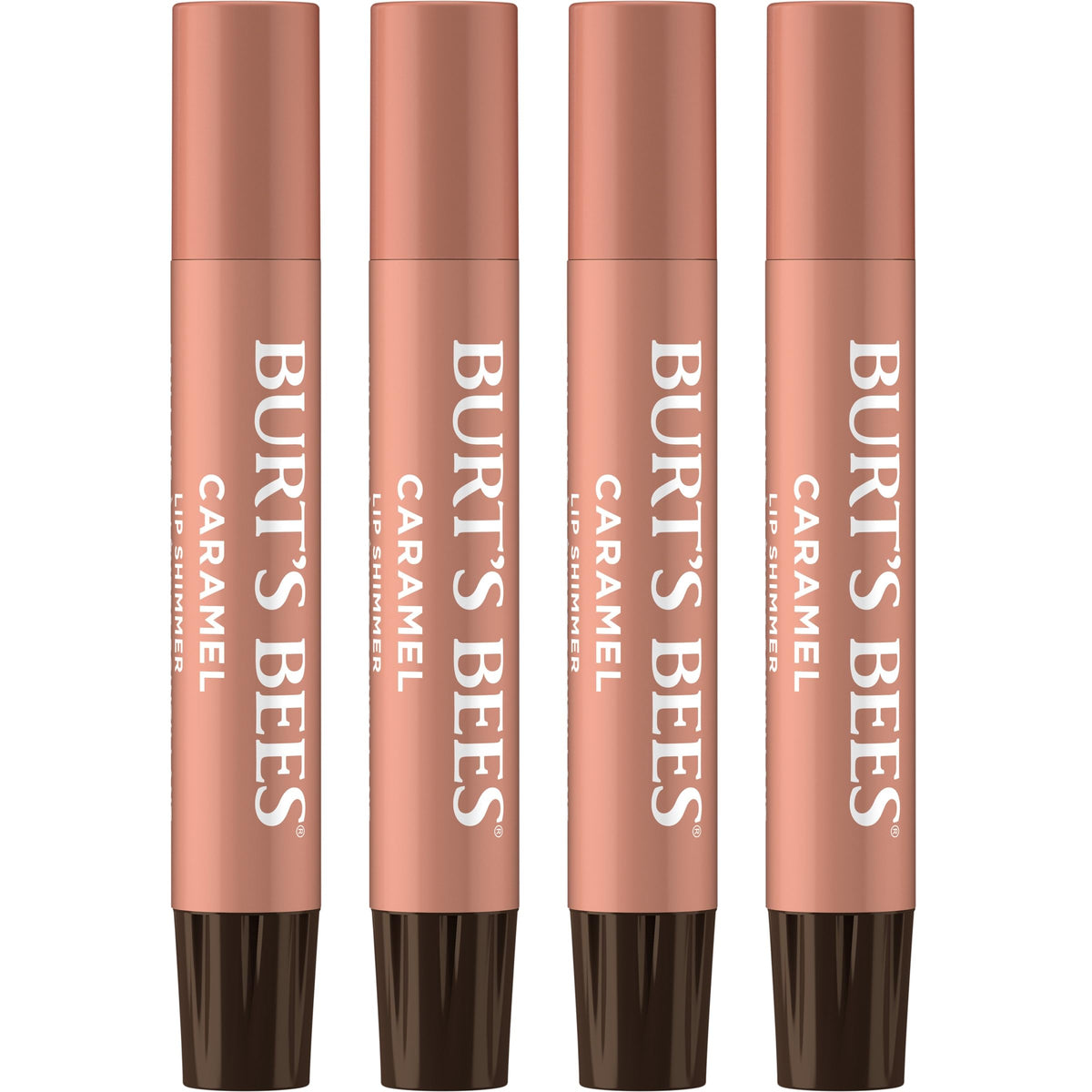 Burt's Bees front packaging showing caramel shimmer tint and recyclable carton benefits