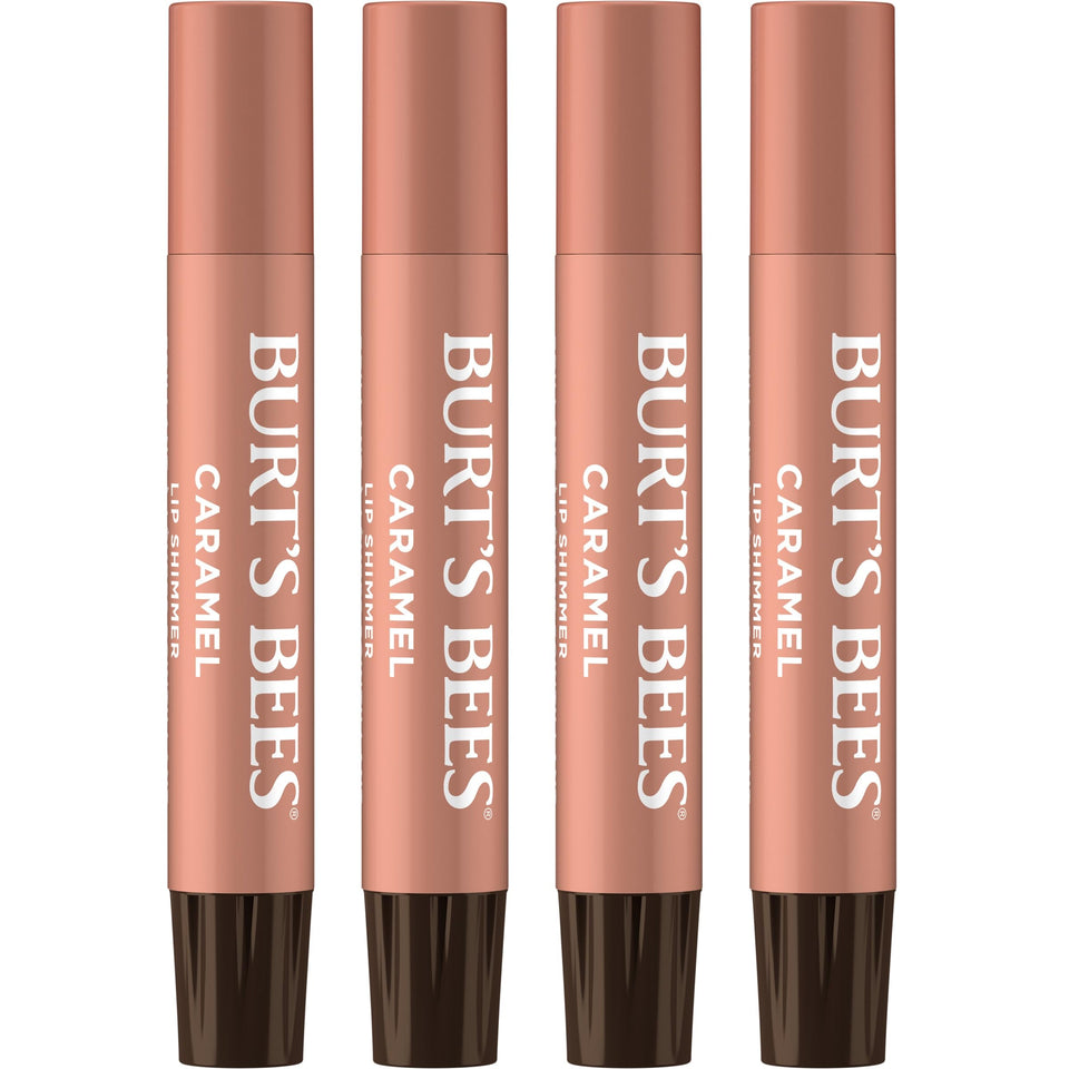 Burt's Bees front packaging showing caramel shimmer tint and recyclable carton benefits