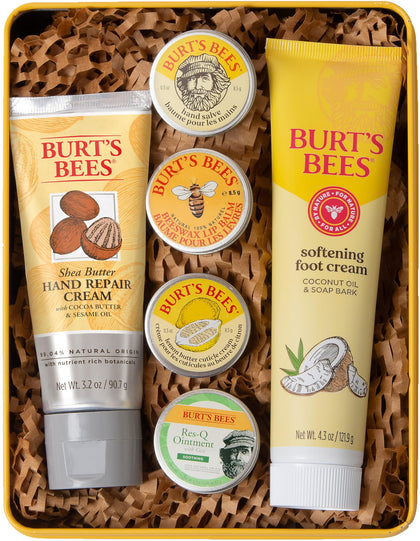 Burt's Bees gift tin front view showing six natural skin care items and easy gifting benefit